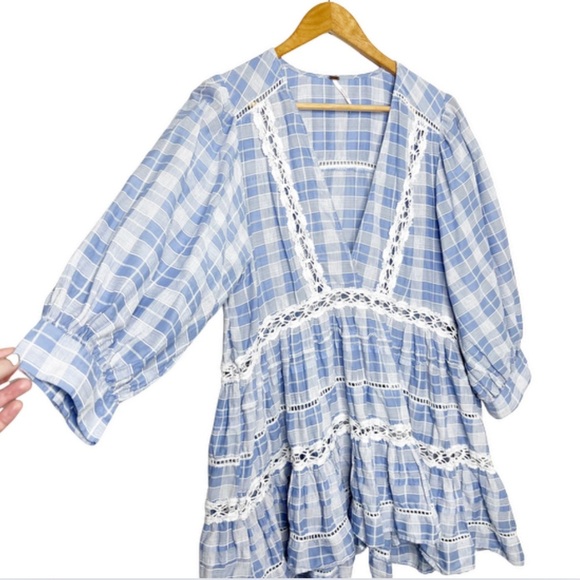 Free People Women's Time Out Lace Plaid Gingham 3/4 Sleeve Ruffle Tunic Blouse - Picture 5 of 16